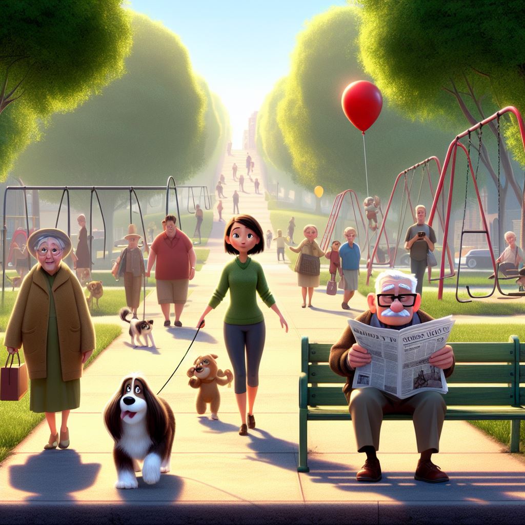 Una imagen en formato Disney Pixar como la película UP. En un parque en el que hay columpios y toboganes hay una mujer paseando un perro, a lo lejos una pareja camina cogida de la mano, un anciano lee el periódico sentado en un banco. No hay ningún niño en la imagen.