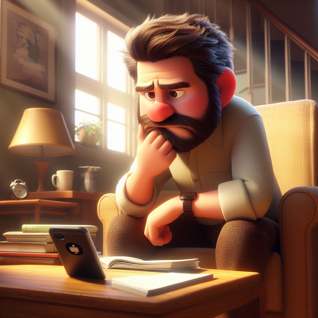 Una imagen en formato Disney Pixar como la película UP. Aparece un hombre sentado en un sillón, con semblante serio, está pensando. El salón es luminoso. El hombre está mirando atentamente un teléfono móvil que está sobre una mesa y que tiene la pantalla encendida.