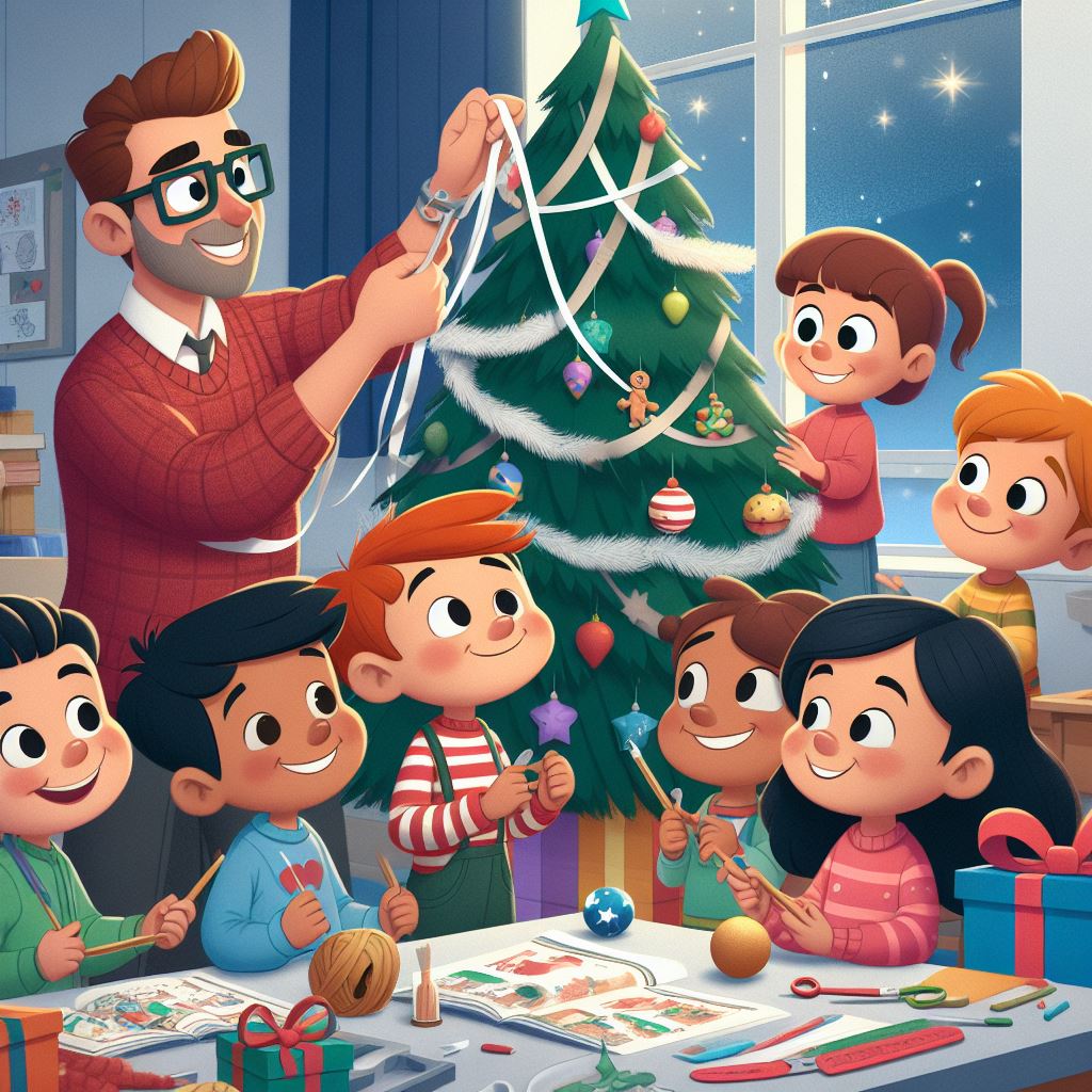 Una imagen, en estilo Pixar, en la que aparezca un profesor y varios alumnos preparando una obra de teatro de Navidad. Los alumnos están preparando el decorado en el que aparece un árbol de navidad y otros elementos propios de la navidad. Los niños sonríen y el profesor mira atentamente cómo trabajan. Las ropas son coloridas.