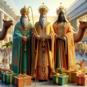 Una imagen, en estilo 3D arte digital, en la que aparecen los tres reyes magos de pie. A su lado se encuentra uno de sus pajes. Sus ropas son coloridas. Dos de los reyes son caucásicos y el tercero es de raza negra. Tras ellos están sus tres camellos cargados de regalos. En el fondo de la imagen aparece un centro comercial.