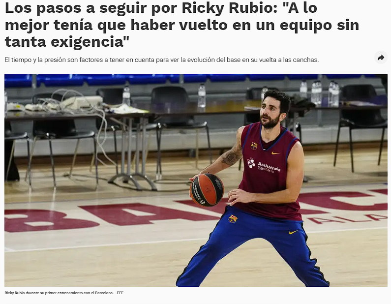Noticia en prensa: Los pasos a seguir por Ricky Rubio: "A lo mejor tenía que haber vuelto en un equipo sin tanta exigencia"