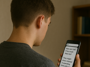 Adolescente hablando con una IA a través del móvil