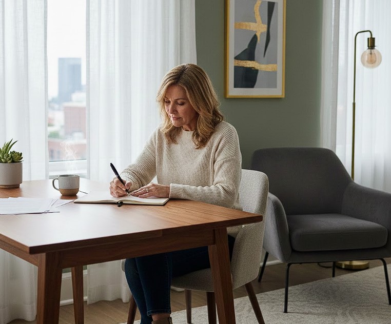 Una mujer escribiendo un listado de propósitos para el año nuevo.