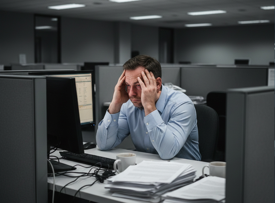 Salud laboral. Hombre cansado trabajando frente al ordenador