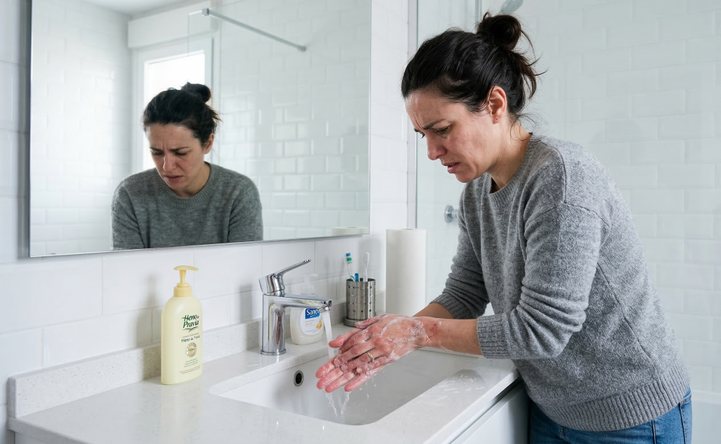 Una mujer con TOC limpiándose las manos de manera compulsiva.