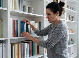 Una mujer con TOC ordenando una estantería