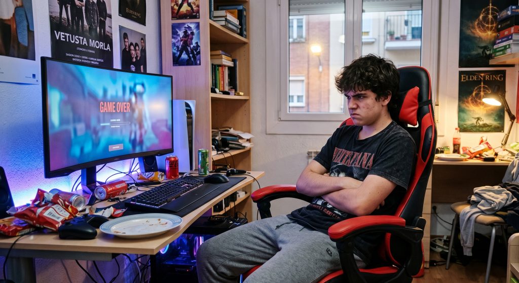 Un adolescente, sentado en la silla gamer de su habitación. El adolescente está enfadado, tiene un gesto serio, está frustrado.