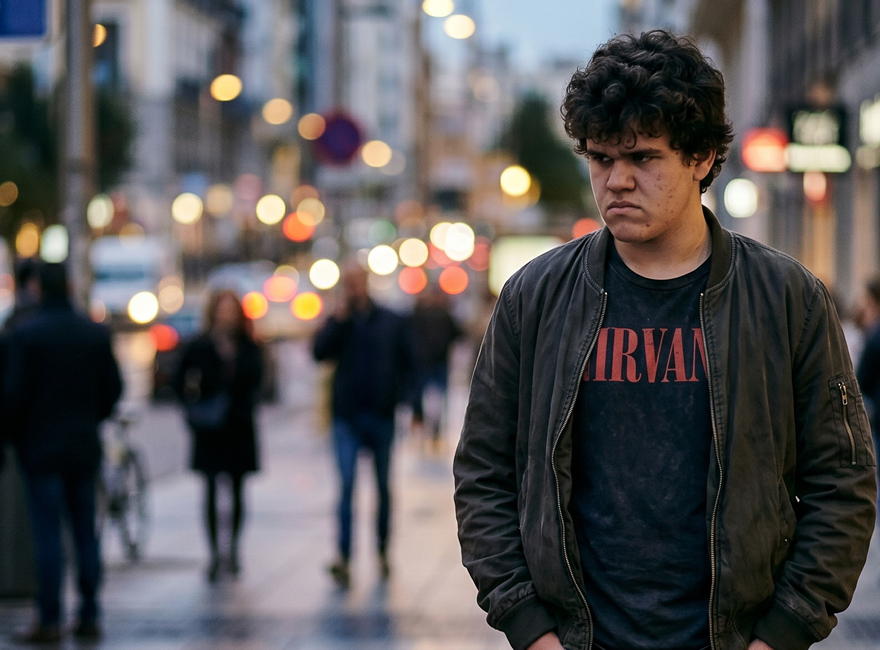 Un adolescente solo paseando por la ciudad, con gesto serio.