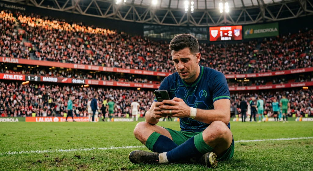 Futbolista leyendo un mensaje negativo en su teléfono móvil. Acoso digital