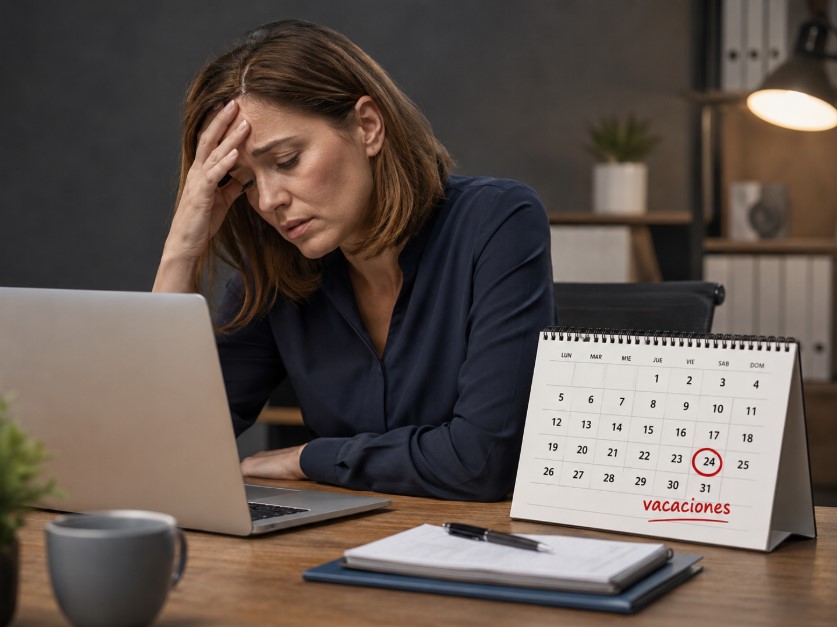 Mujer trabajando, cansada, le faltan pocos días para las vacaciones. Estrés prevacacional