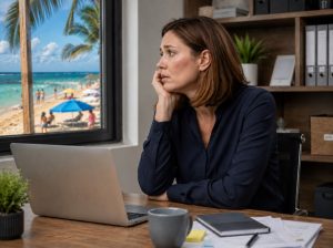 Estrés prevacacional. Mujer trabajando, cansada, mirando por la ventana donde hay gente disfrutando de su tiempo libre.